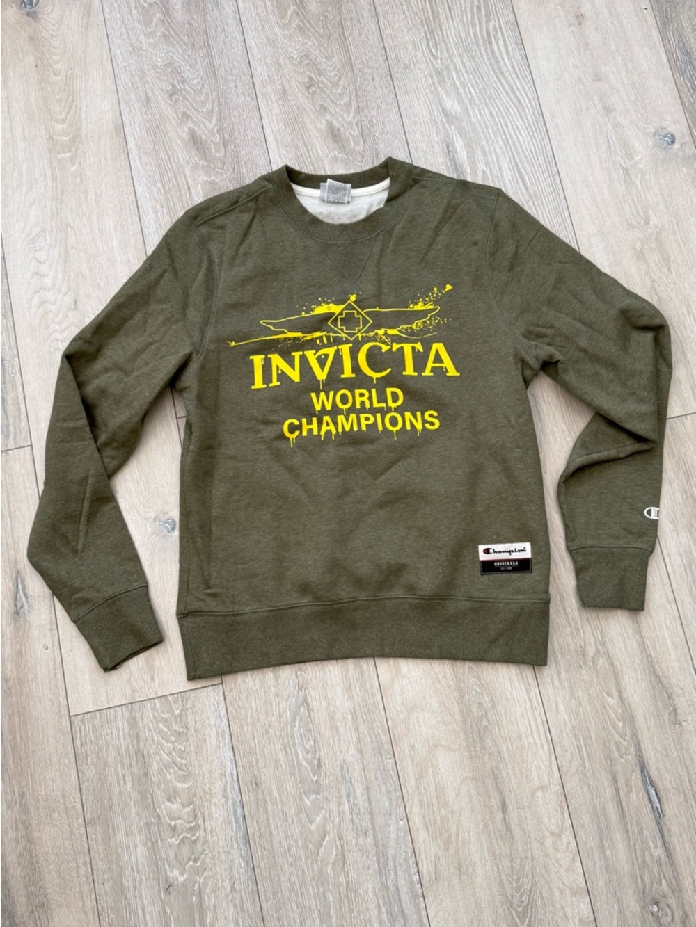 Champion Olive Green Crewneck with Yellow Invicta Graphic